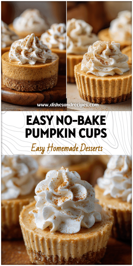 Creamy No Bake Pumpkin Cheesecake Cups topped with whipped cream and pumpkin spice.